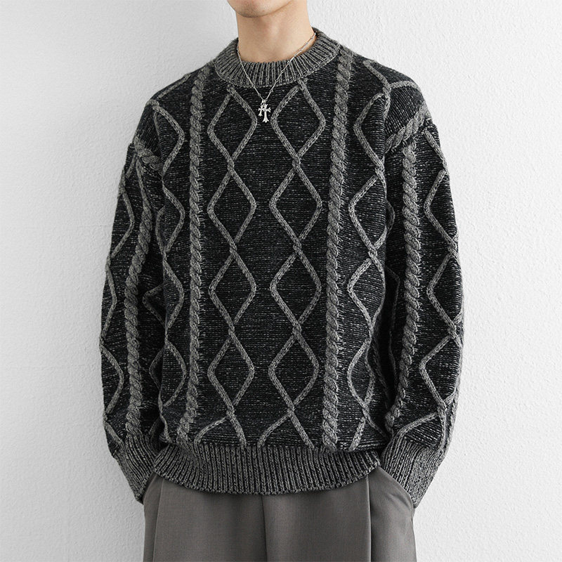 URSBOB冬装男士圆领套头毛衣菱形麻花青年长袖保暖加厚打底衫帅气