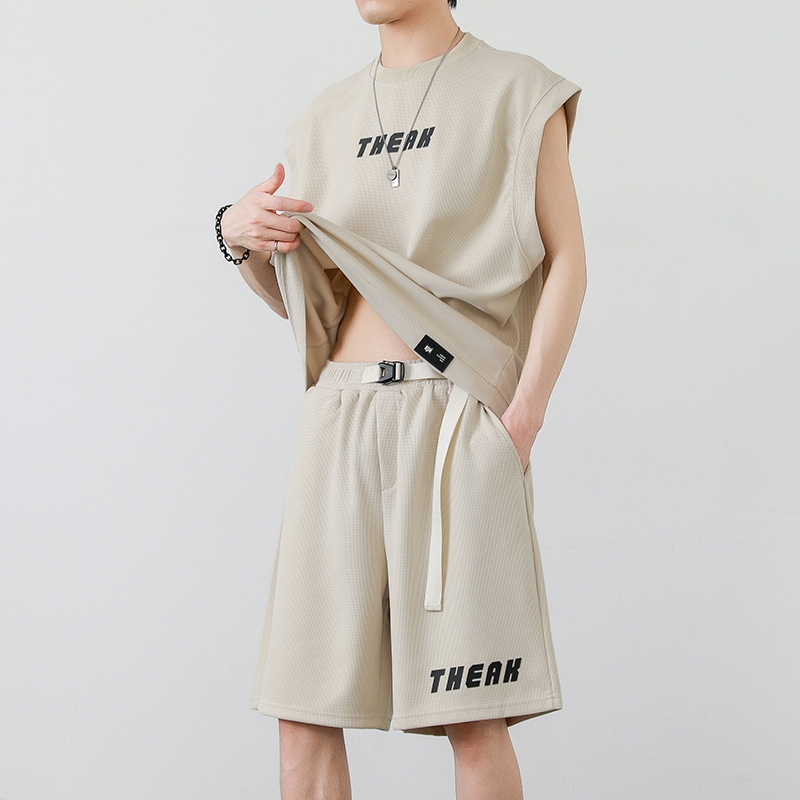URSBOB休閑運(yùn)動(dòng)套裝男夏季潮無(wú)袖t恤男背心高級(jí)感衣服男士寬松
