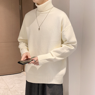 线衣打底衫 青年学生白色针织衫 帅气潮 加厚保暖高领毛衣男士 冬季