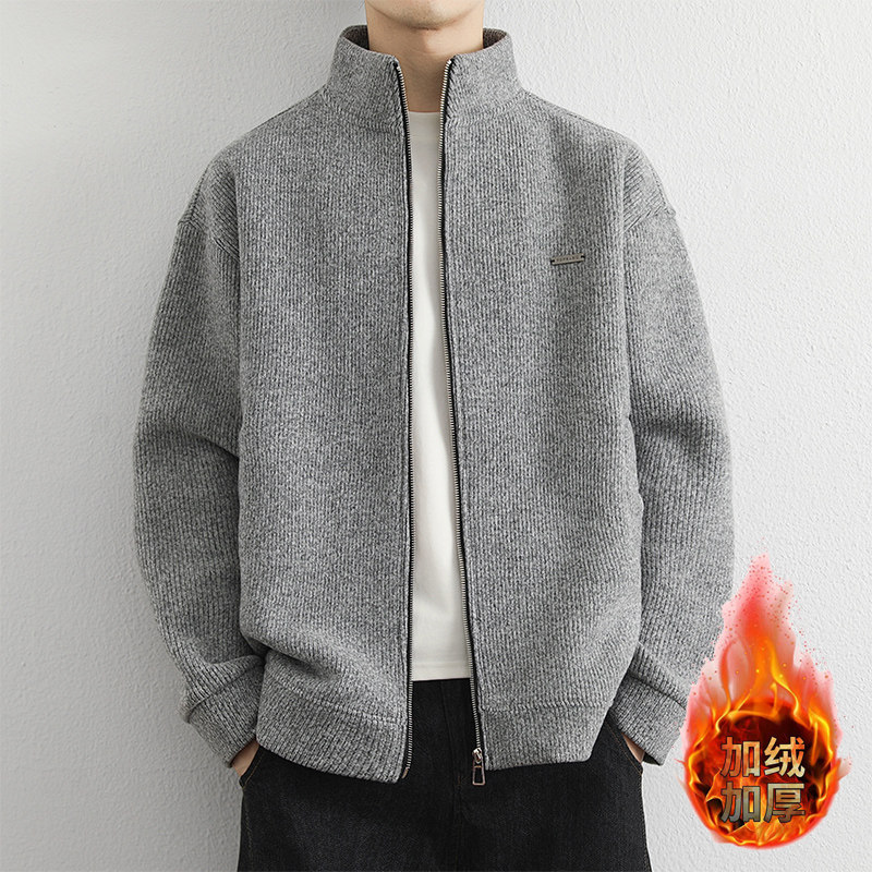 URSBOB青年加绒加厚保暖外套开衫冬季新款男拉链立领夹克百搭休闲