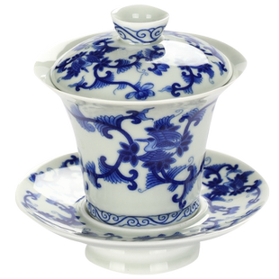 青花瓷复古马蹄盖碗茶杯单个陶瓷三才碗茶碗泡茶白瓷功夫茶三件套