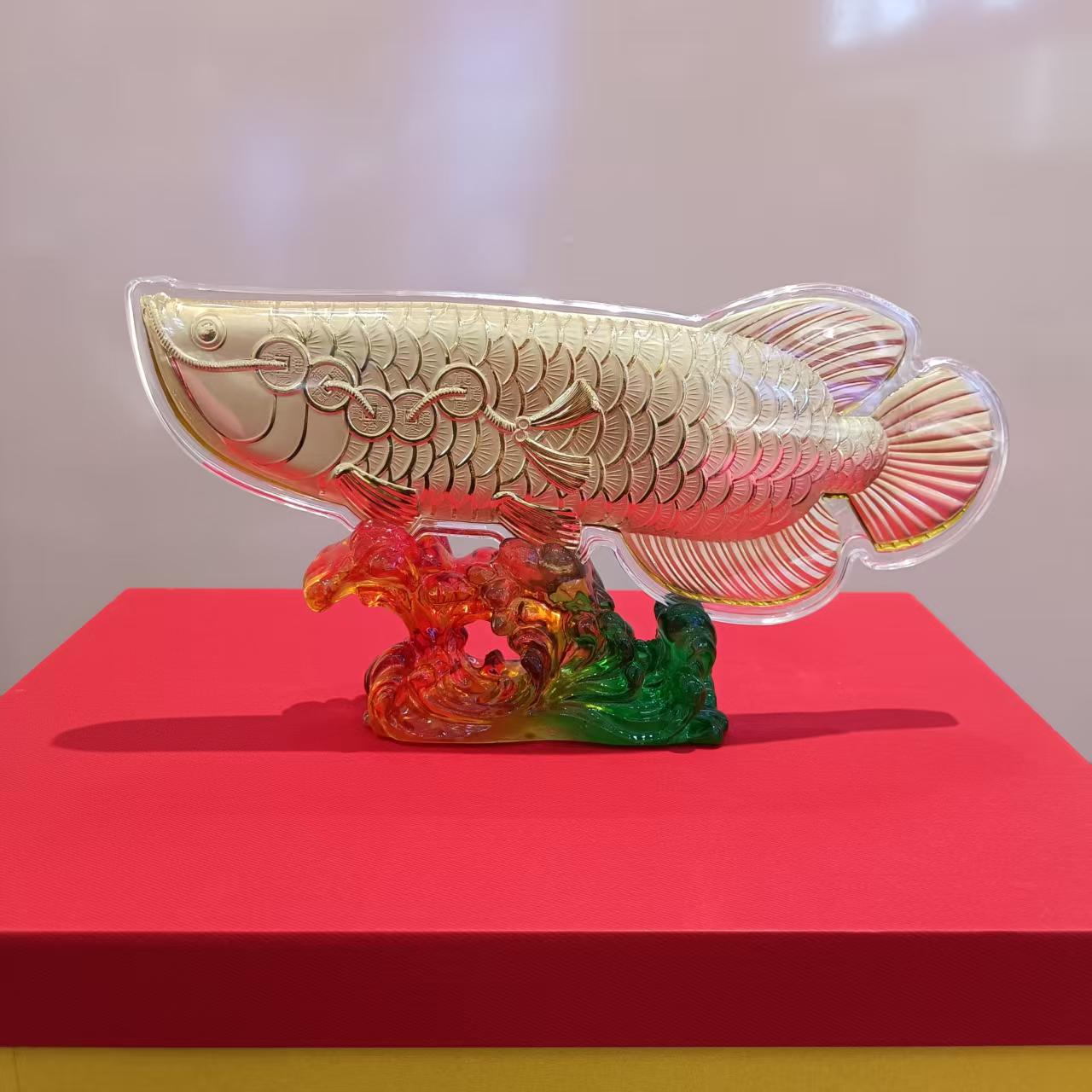 水贝足金金龙鱼摆件礼盒配玻璃高档底座包装盒开业礼品送长辈领导