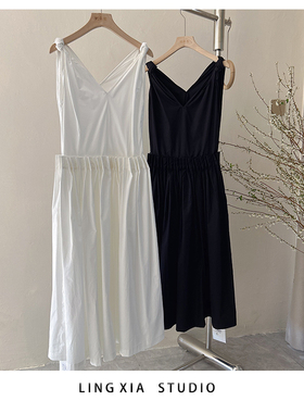 the helder显瘦V领高级感压褶吊带连衣裙女春夏百搭小众无袖长裙