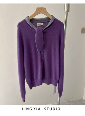 eter浣熊绒针织衫女围巾领撞色拼接羊毛毛衣韩2025秋冬新款X5091