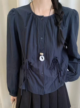 eter圆领超好看甜美气质压褶抽绳衬衫女长袖2025秋装新款通勤简约