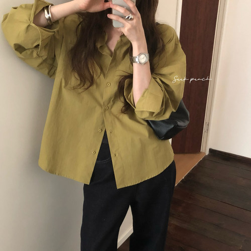 morethanyesterday韩系简约宽松慵懒风长袖衬衫女翻领秋叠穿衬衣