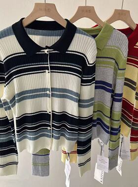 羊毛撞色冷淡系条纹翻领POLO2026年春季时尚领针织开衫修身显瘦