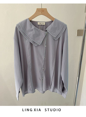 hemp双层翻领蕾丝边衬衫女长袖2025秋季新款灰蓝色气质衬衣eter