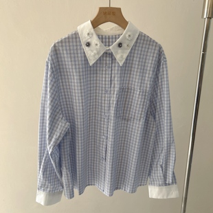 QSONETWO通勤格纹手工钉珠重工叠穿韩系蓝格衬衫舒适棉气质简约