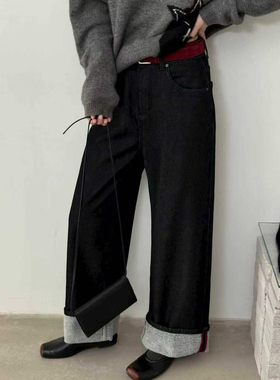 LAKE家磨毛直筒阔腿牛仔裤女配腰带高级感窄版显瘦薄绒长裤63723