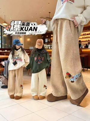 儿童加绒裤子冬季新款特厚羊羔绒中大男童女童灯芯绒长裤