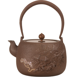 日本老铁壶 龟寿堂原装进口纯手工银镶嵌苍松铸铁壶菊池记一手造