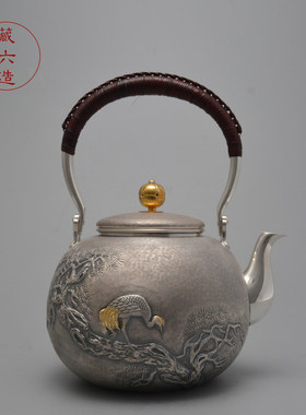 藏六造 松鹤延年银壶 纯银999烧水壶 纯手工高端纯银茶壶日本银壶