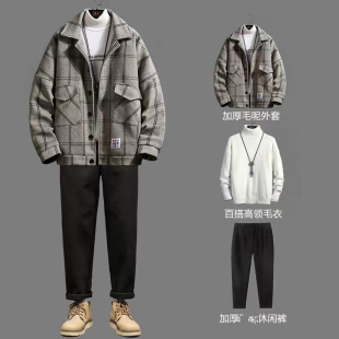 秋冬季三件套加绒加厚休闲套装韩版潮流男生冬天帅气一套衣服裤子