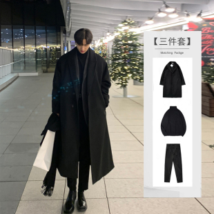 秋冬季中长款毛呢风衣休闲加绒套装男士韩版帅气一套搭配冬天大衣
