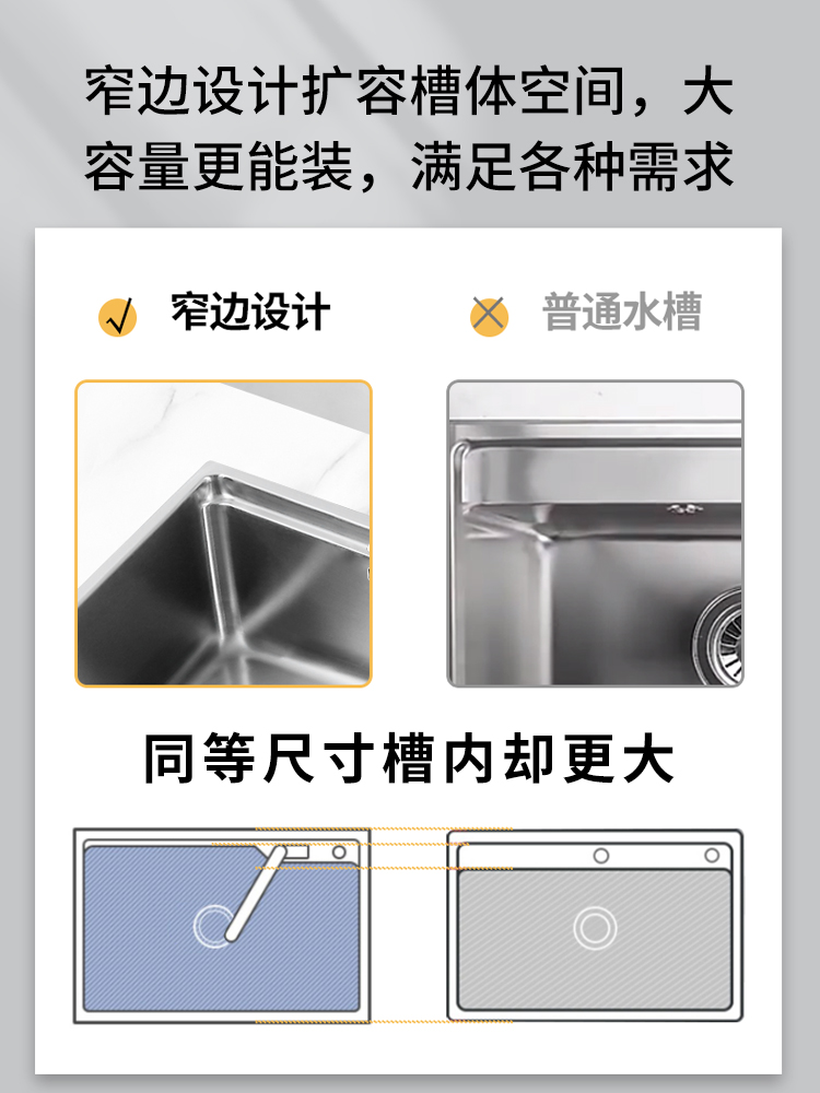 墨林水槽单槽 厨房304不锈钢洗菜盆家用淘菜水盆加厚洗碗池台下盆