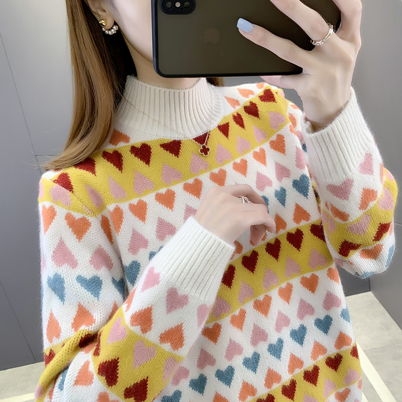 半高领女士毛衣女宽松秋冬2024年新款爱心提花针织打底衫内搭洋气