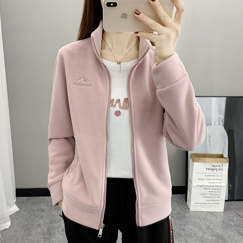 户外休闲摇粒绒抓绒衣外套女秋冬加绒保暖锁温打底立领卫衣学生装