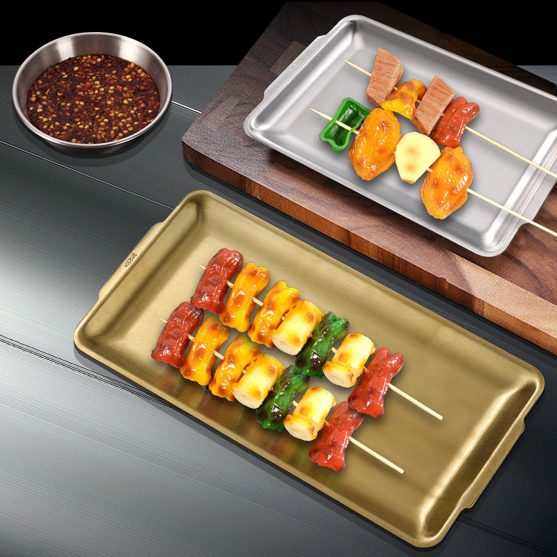 加厚304不锈钢烤肉托盘方盘长方形盘子韩式餐盘商用烧烤盘平底