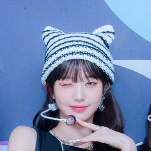 IVE张元 X条纹小恶魔之角猫咪耳朵可爱尖帽女针织帽子 英崔然竣同款
