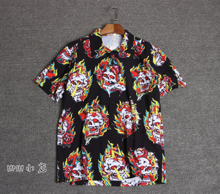限时特价 WACKO男女夏季 权志龙GD同款 衬衫 衬衣 骷髅头印花短袖