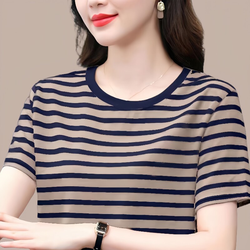 2026年新款夏装宽松大码纯棉妈妈装短袖t恤女条纹半袖体恤上衣服