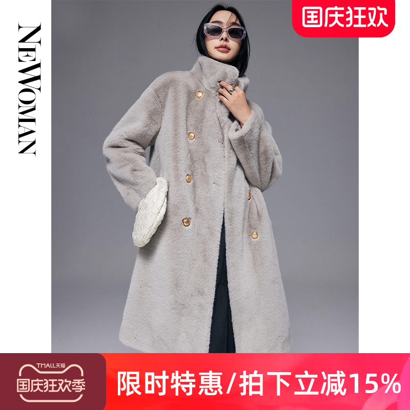 貂绒皮毛一体外套女中长款双排扣