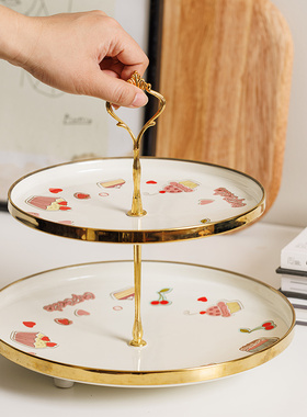 搪瓷水果盘客厅家用轻奢高档新款零食摆放盘高级感双层点心糖果盘