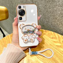 镜子补妆适用华为p60手机壳p50e带支架挂绳p40pro+外壳p30曲面屏高级感女款p20保护套新款可爱卡通全包软流沙