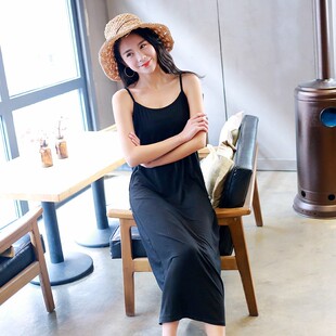 春夏新款莫代尔黑色大码内搭吊带裙子中长款打底连衣裙胖mm女睡衣