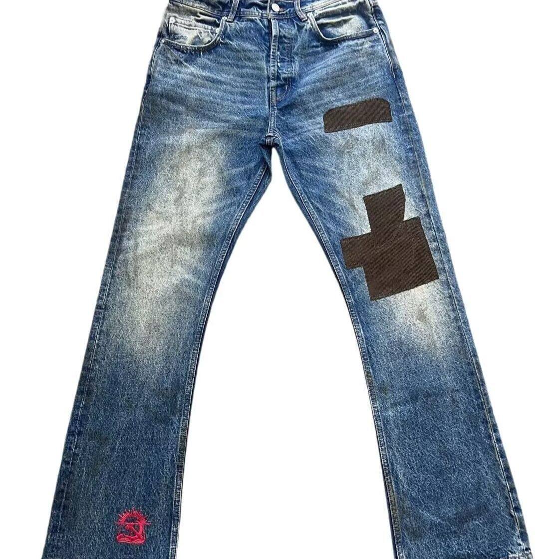 忧郁的富二代erd贴布破坏洗水灯绒芯刺绣牛仔裤男女党裤vintage