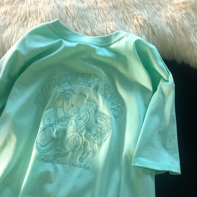 薄荷绿色小熊刺绣短袖T恤男生夏