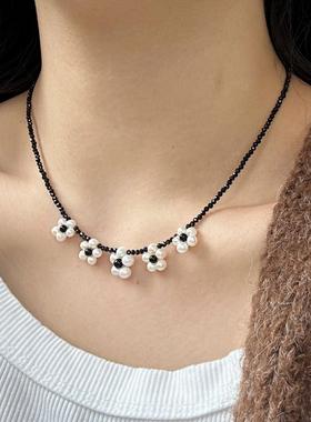 S925纯银小花天然石黑色项链