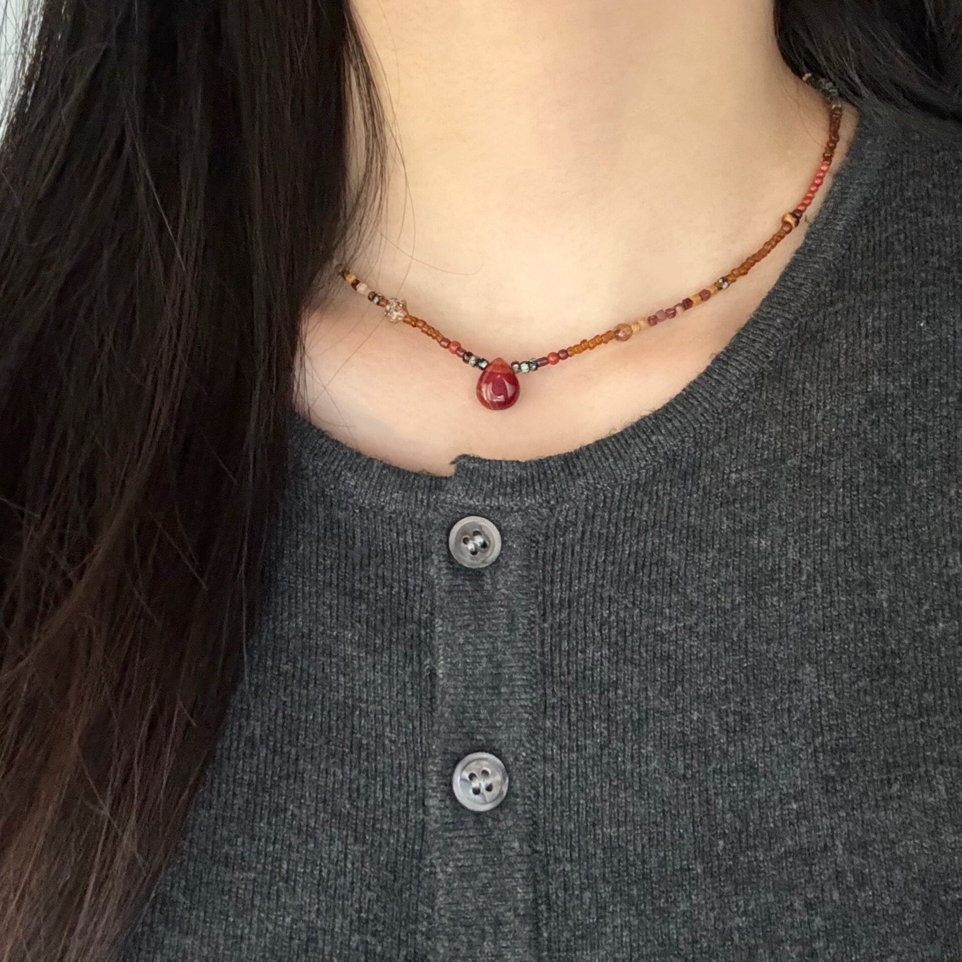 复古小米珠少女水滴吊坠串珠民族风彩色925银项链女高级感圆珠链