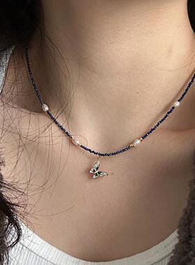 S925银天然石蝴蝶锁骨链项链