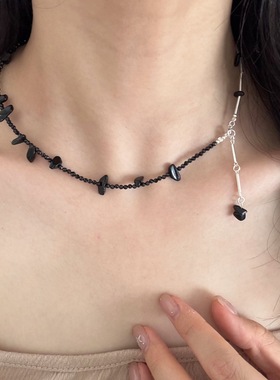S925银黑尖晶小众不对称项链中式