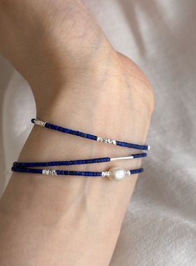 叠戴天然青金石手链S925银细链条