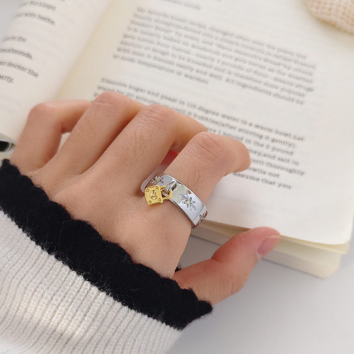 金色小锁纯银戒指情侣星星对戒