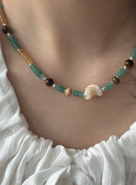 撞色天然石民族风项链东陵玉串珠