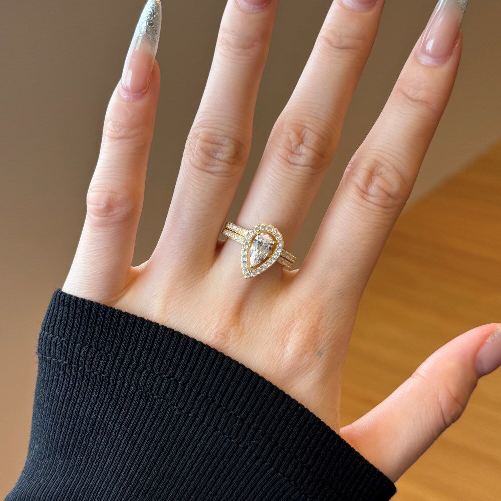 S925银可拆分气质欧美满钻戒指轻奢5A锆石水滴银戒女小众设计套戒