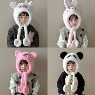 儿童帽子围脖一体冬季男童女童毛绒帽可爱动物加绒宝宝护耳包头帽