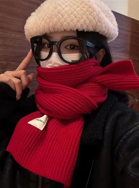 百搭韩版针织毛线红色围巾女冬季高级感新年礼物情侣窄版短围脖潮