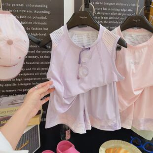 夏季儿童凉感网眼速干运动套装透气男童女童背心上衣短裤两件套