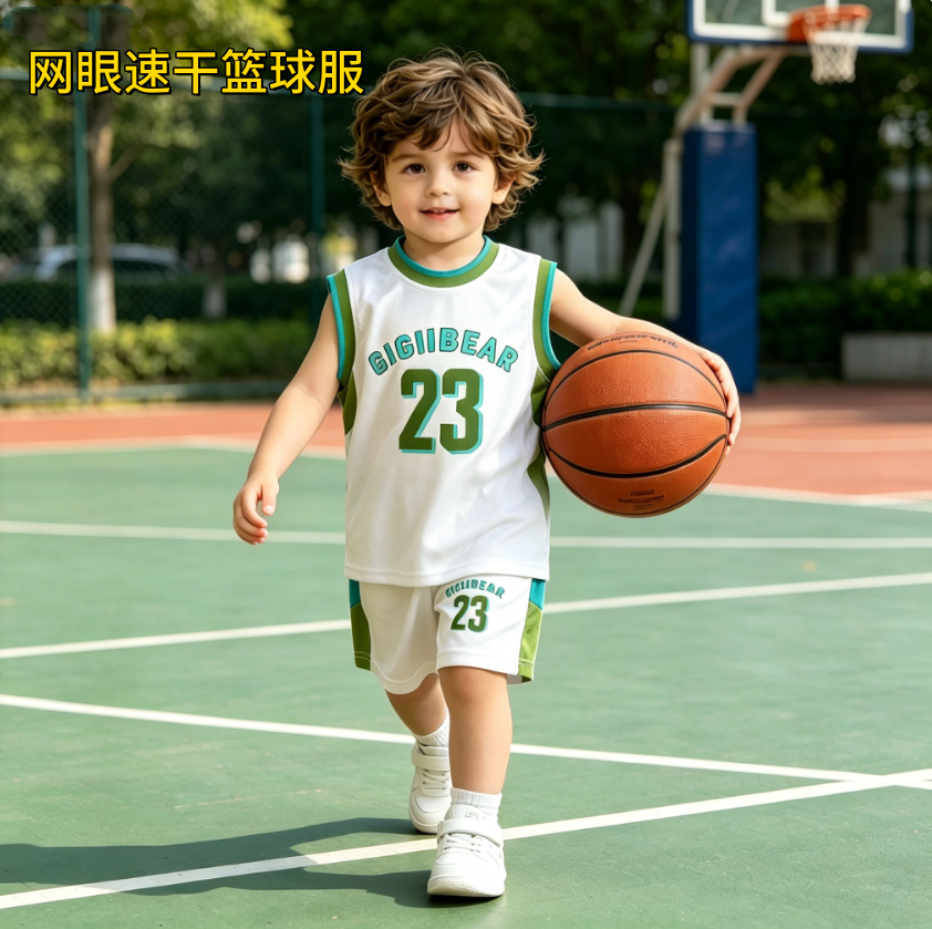 速干凉感男童女童夏天短裤套装儿童篮球服23男女宝宝网眼运动背心