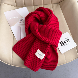 针织毛线新年过年喜庆纯酒红色围巾男女孩学生儿童秋冬季短小围脖