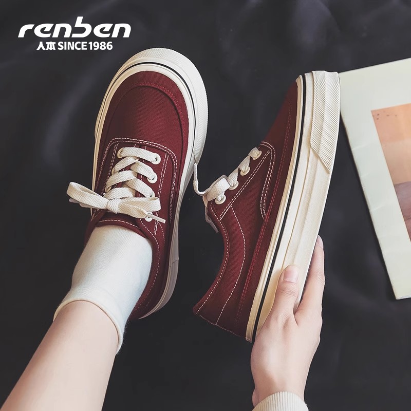 人本帆布鞋女夏季2025新款百搭女鞋网面透气爆款板鞋红色休闲鞋子