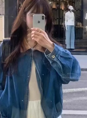 天花板！OBJET韩国东大门25秋季新款复古翻领撞色牛仔外套女夹克
