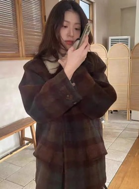 代工厂！ERUME韩国2025冬季羊毛翻领大衣女格子保暖口袋毛呢外套