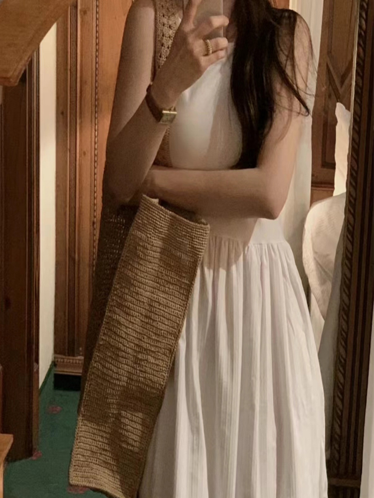 OBJET韩国东大门2025秋季温柔气质高腰显瘦无袖拼接吊带连衣裙女