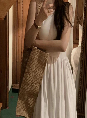 OBJET韩国东大门2025秋季温柔气质高腰显瘦无袖拼接吊带连衣裙女